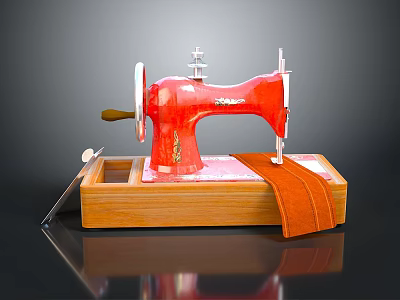 Vintage Red Sewing Machine On Wooden Base With Orange Fabric 3d model