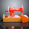 Vintage Red Sewing Machine On Wooden Base With Orange Fabric