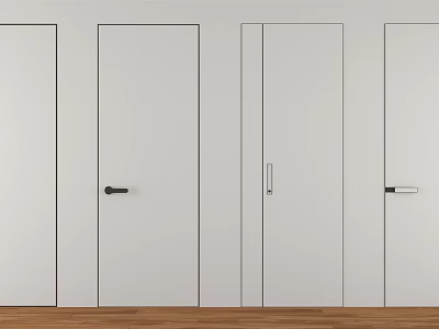 Modern White Hinged Doors With Various Handle Designs And Wooden Floor 3d model