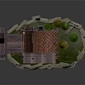 Scenic Floating Island Landscape Featuring Wooden House Red Roof Windmill And Green Trees