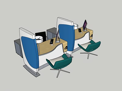 Modern Office Desk With Blue Partitions Green Chairs And Computer Monitor 3d model