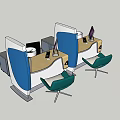 Modern Office Desk With Blue Partitions Green Chairs And Computer Monitor