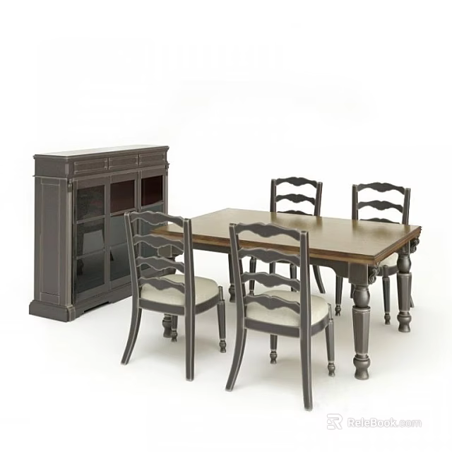 Elegant Dining Table Set With Wooden Tabletop Four Carved Back Chairs And Dark Sideboard Cabinet 3d model 
