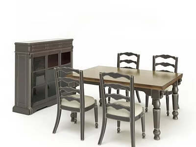 Elegant Dining Table Set With Wooden Tabletop Four Carved Back Chairs And Dark Sideboard Cabinet 3d model