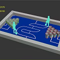 Basketball Court With Blue Surface And Stacked Metal Barrels Setup