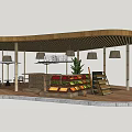 Modern Commercial Street With Curved White Roof Outdoor Seating Green Plants And Colorful Stalls