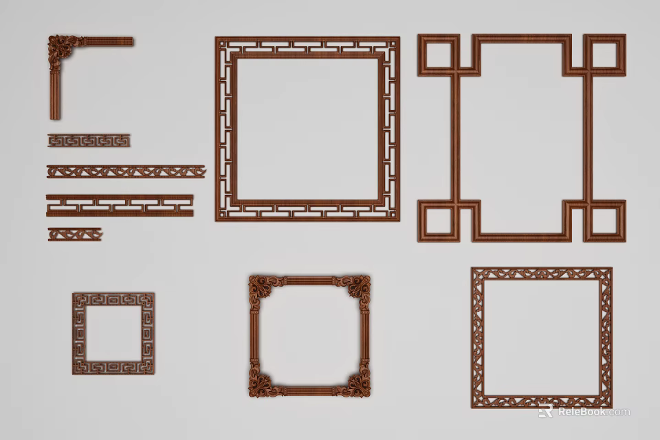 Decorative Carved Wooden Corner Lines With Various Frame Styles And Intricate Patterns 3d model