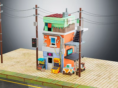 Cartoon Scene With Colorful Building Orange Green Exterior Staircase Utility Poles And Street Stalls 3d model