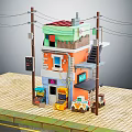 Cartoon Scene With Colorful Building Orange Green Exterior Staircase Utility Poles And Street Stalls