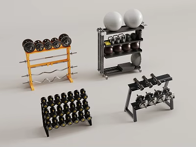 Multiple Types of Sports Equipment Featuring Dumbbell Racks Dumbbells and Fitness Balls 3d model