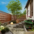Traditional Chinese Courtyard Garden With Trees Vines Wooden Chairs Table And Pebble Stone Floor