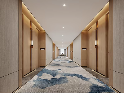 Spacious Modern Hotel Corridor Interior With Wooden Doors Wall Lamps And Blue White Carpet 3d model
