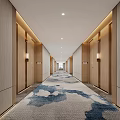 Spacious Modern Hotel Corridor Interior With Wooden Doors Wall Lamps And Blue White Carpet