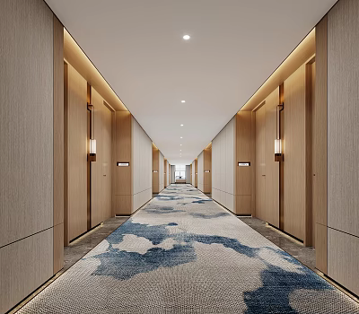 Spacious Modern Hotel Corridor Interior With Wooden Doors Wall Lamps And Blue White Carpet 3d model