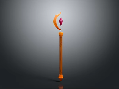 Orange Magic Staff With Crescent Moon Top And Purple Gemstone Decoration 3d model