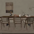 Natural Wooden Dining Table Set With Rattan Back Chairs And Tabletop Decorations