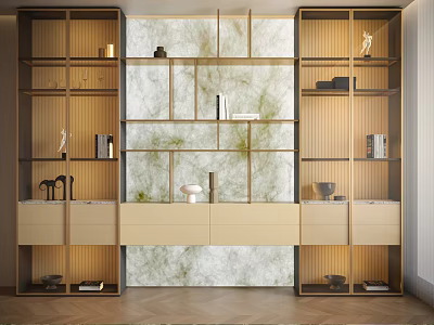 Modern Sideboard Design With Open Shelves Beige Cabinets And Decorative Ornaments 3d model