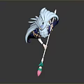 Anime Game Character With Blue Long Hair Bun Hairstyle Combat Pose Holding Pink Green Ball