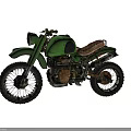 Green Vintage Off Road Motorcycle With Brown Seat Knobby Tires And Exposed Engine