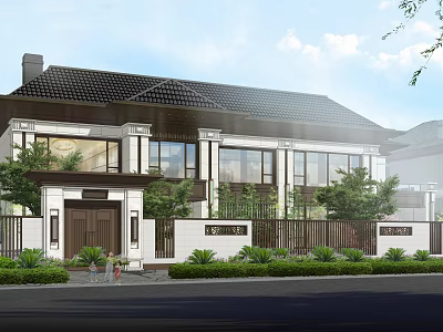 Traditional Modern Detached Villa Exterior Design With Black Tiled Roof White Walls And Green Plants 3d model