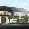 Traditional Modern Detached Villa Exterior Design With Black Tiled Roof White Walls And Green Plants
