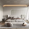 Modern Bedroom Interior With Upholstered Bed Pendant Light And Decorative Wall Panel 3d model
