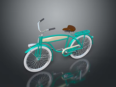 Turquoise Classic Bicycle With Brown Seat White Wheels And Rear Rack Design 3d model