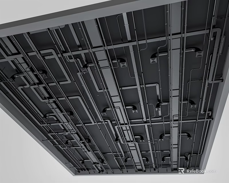 Modern Industrial Ceiling Design With Metal Framework Pipes And Structural Brackets 3d model 