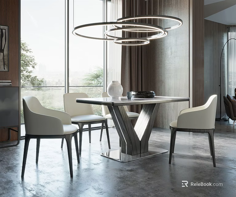 Modern Restaurant Interior With Dining Table White Chairs Round Hanging Lights And Wooden Walls 3d model 