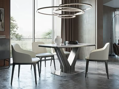 Modern Restaurant Interior With Dining Table White Chairs Round Hanging Lights And Wooden Walls 3d model
