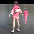 Anime Style Game Movie Character In Pink Cherry Blossom Kimono With Pink Umbrella