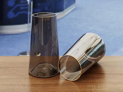 Two Transparent Glass Vases With Flowers One Standing Upright And One Tilted On Wooden Tabletop 3d model