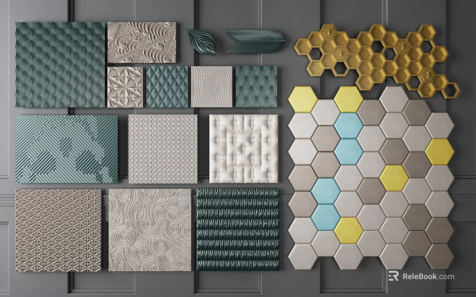 Varied Textured Soft Padded Panels With Multiple Colors And Hexagonal Designs 3d model 