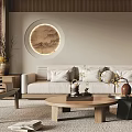 Chinese Style Living Room Interior With Round Decorative Painting Wooden Furniture And Beige Sofa