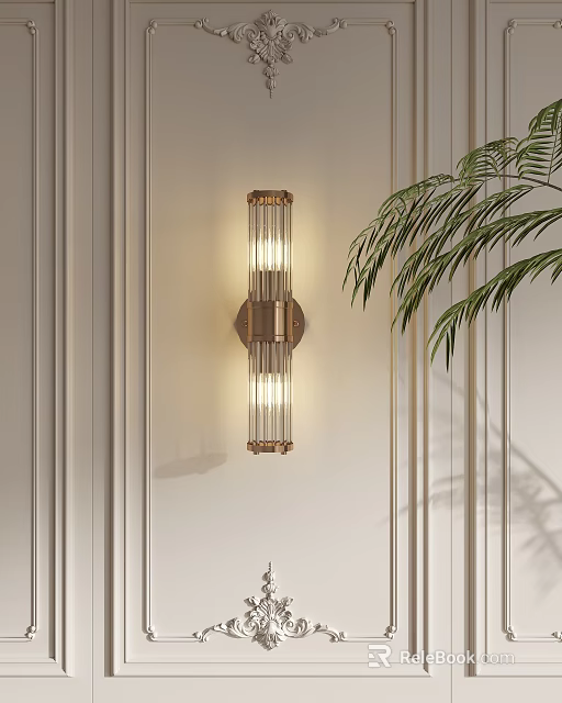 Modern Illuminated Wall Lamp On White Wall With Palm Leaves And Metal Frame Design 3d model 