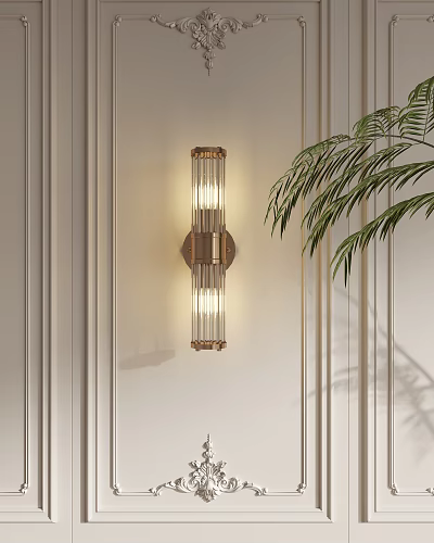 Modern Illuminated Wall Lamp On White Wall With Palm Leaves And Metal Frame Design 3d model