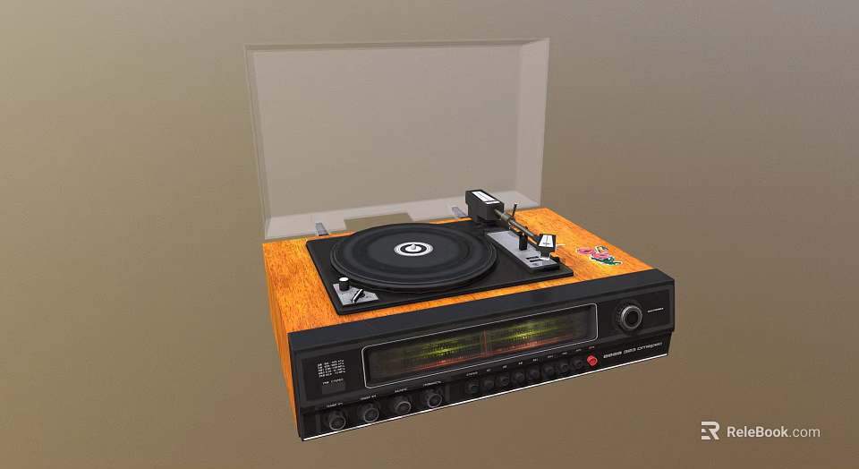 Vintage Vinyl Record Player Audio System with Orange Panel and Built in Speakers 3d model 