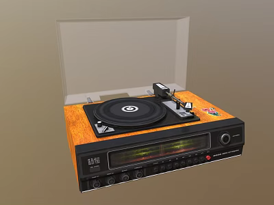 Vintage Vinyl Record Player Audio System with Orange Panel and Built in Speakers 3d model