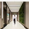 Modern Elevator Corridor With Green Wall Signage Ceiling Lighting And Polished Flooring 3d model