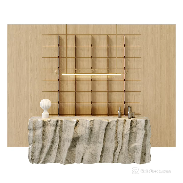Front Desk Reception Area with Wooden Grid Background Linear Light Fixture Tablecloth and Decorative Items 3d model