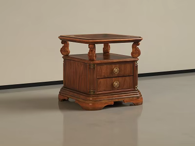 Brown Wooden Corner Table In Classic Style With Carved Legs And Drawer 3d model