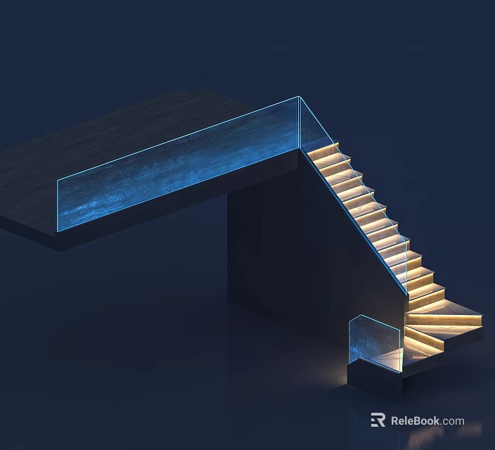 Modern Staircase with Glass Railing Wooden Steps and LED Lighting Design 3d model 