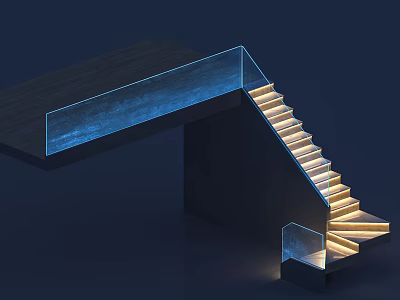Modern Staircase with Glass Railing Wooden Steps and LED Lighting Design 3d model