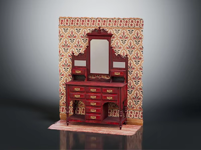 Vintage Red Wooden Dresser With Mirror Multiple Drawers And Patterned Wallpaper Background 3d model