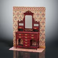 Vintage Red Wooden Dresser With Mirror Multiple Drawers And Patterned Wallpaper Background