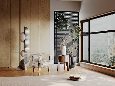 Modern Decorative Ornament Set With Spherical Design Wooden Wall Chair And Green Plant By Window 3d model