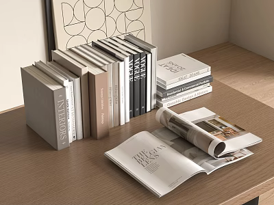 Stacked Hardcover Books and Open Magazine on Wooden Desk Interior Scene 3d model