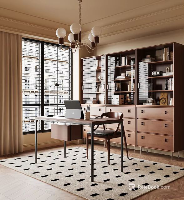 Cozy Study Room Interior With Wooden Bookshelves Laptop Desk Chair Blinds And Rug 3d model 