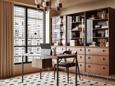 Cozy Study Room Interior With Wooden Bookshelves Laptop Desk Chair Blinds And Rug 3d model