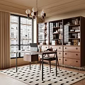 Cozy Study Room Interior With Wooden Bookshelves Laptop Desk Chair Blinds And Rug